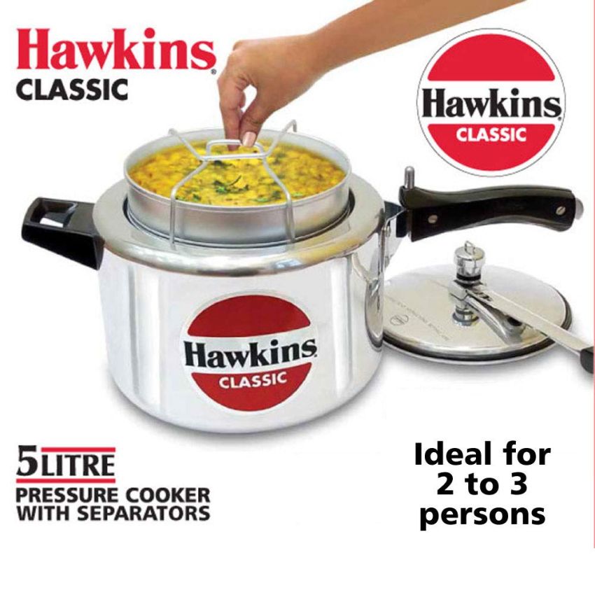 Hawkins Aluminium 5 Litre Classic Pressure Cooker With Pots,Inner Lid Cooker With Separator Set,Silver(Cl51)