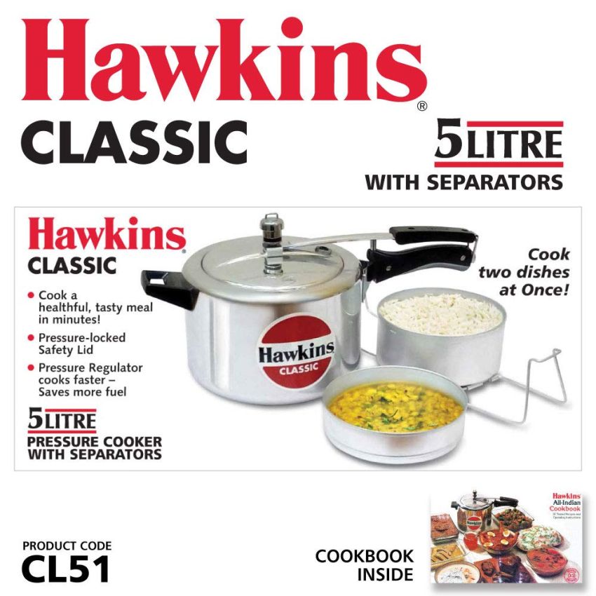 Hawkins Aluminium 5 Litre Classic Pressure Cooker With Pots,Inner Lid Cooker With Separator Set,Silver(Cl51)