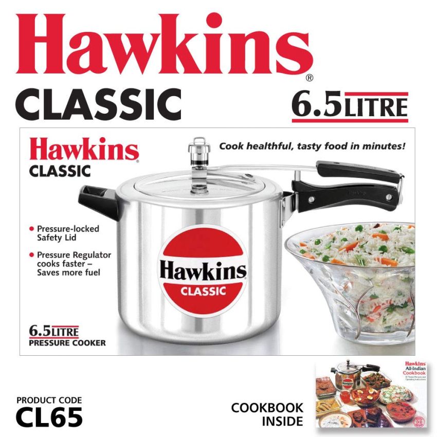 Roll over image to zoom in   2 VIDEOS    3+  Hawkins 6.5 Litre Classic Pressure Cooker, Best Inner Lid Cooker, Silver (CL65)
