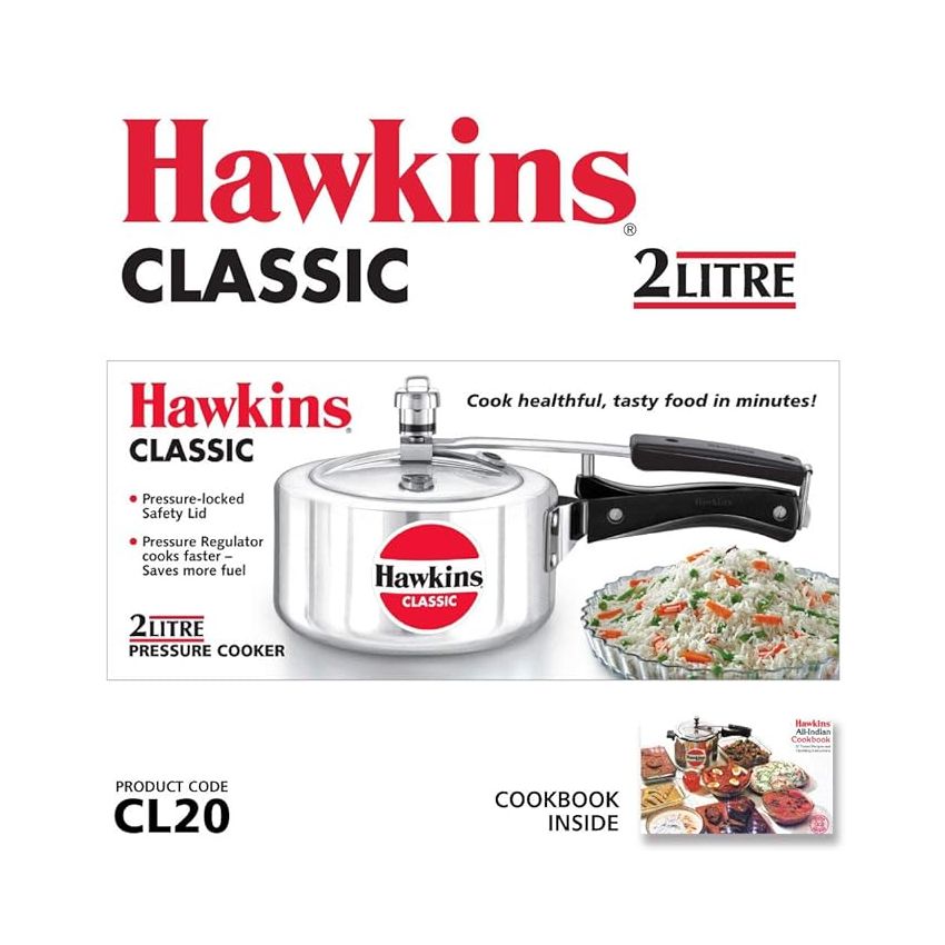 Hawkins 2 Litre Classic Pressure Cooker, Best Inner Lid Cooker, Small Cooker, Silver (CL20)