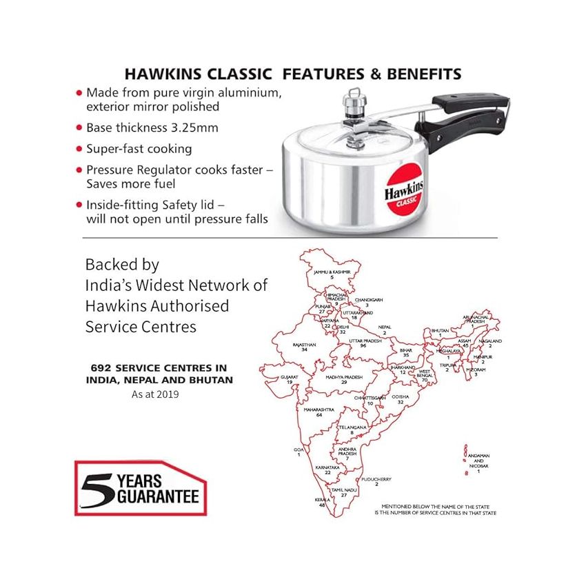 Hawkins 2 Litre Classic Pressure Cooker, Best Inner Lid Cooker, Small Cooker, Silver (CL20)