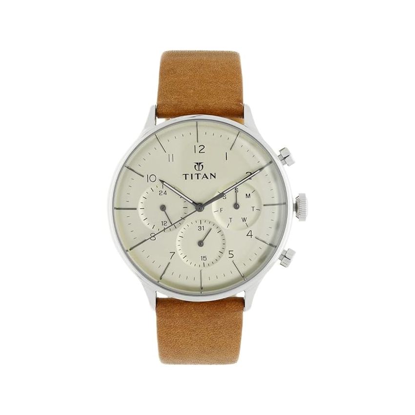 Titan Quartz Multifunction Silver Dial Leather Strap Watch for Men-NS90102SL01/NT90102SL01