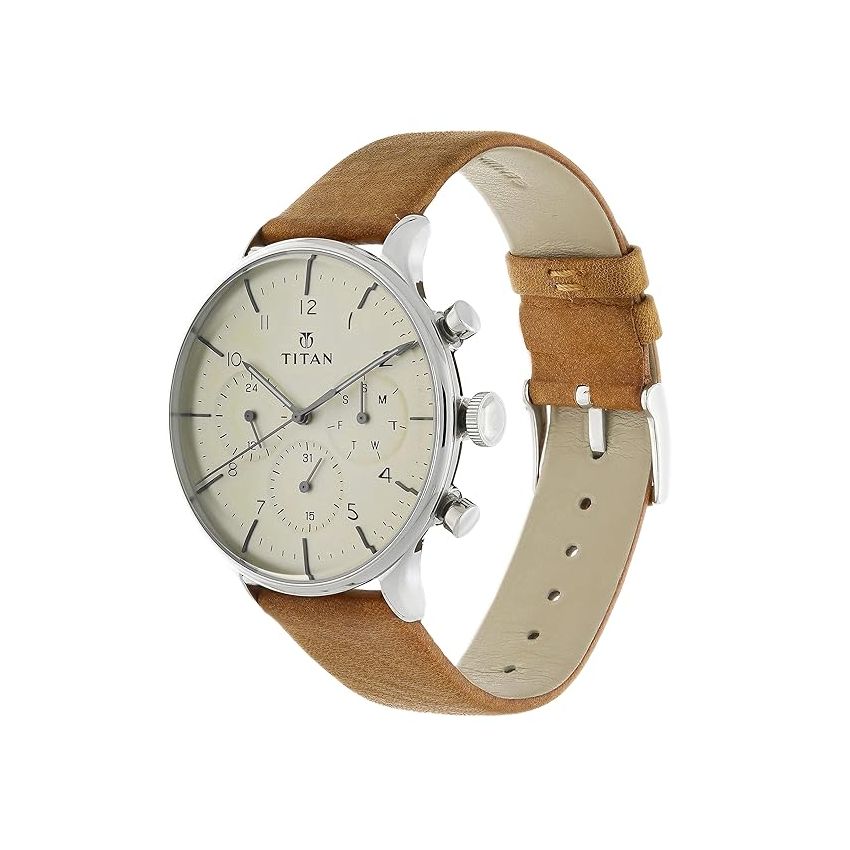 Titan Quartz Multifunction Silver Dial Leather Strap Watch for Men-NS90102SL01/NT90102SL01