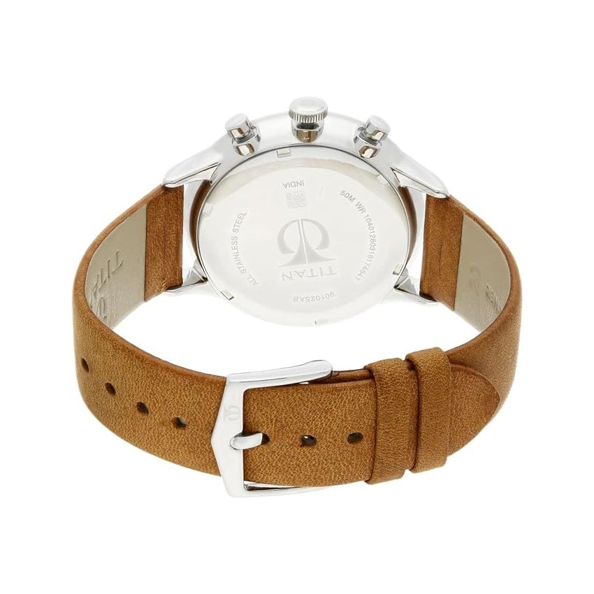 Titan Quartz Multifunction Silver Dial Leather Strap Watch for Men-NS90102SL01/NT90102SL01