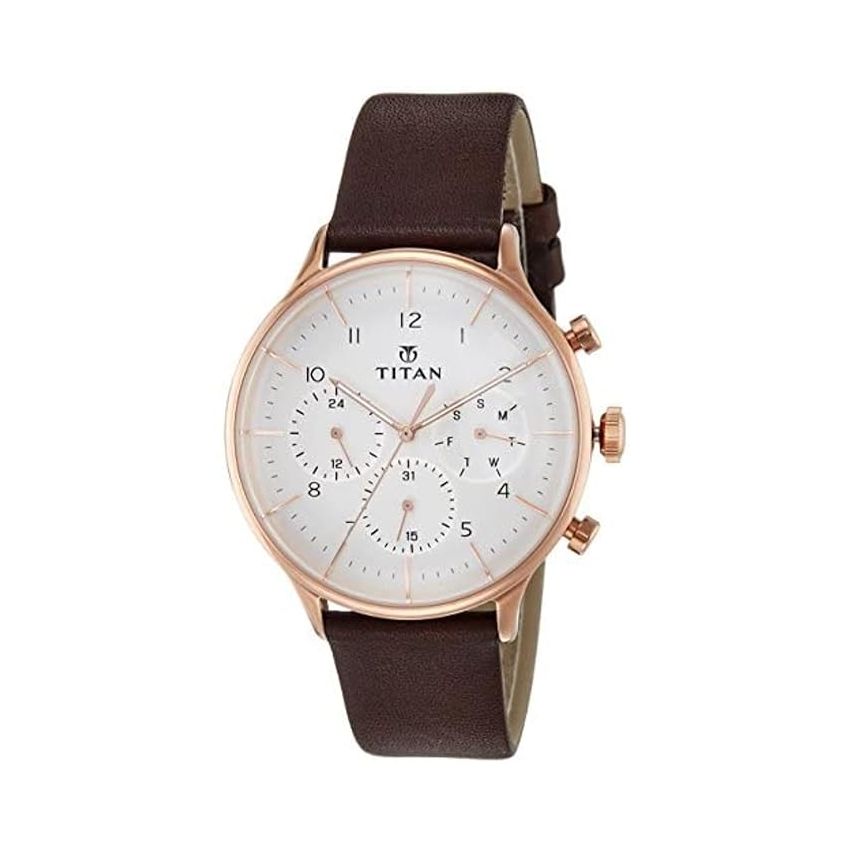 Titan Quartz Multifunction White Dial Leather Strap Watch for Men-NS90102WL01/NT90102WL01