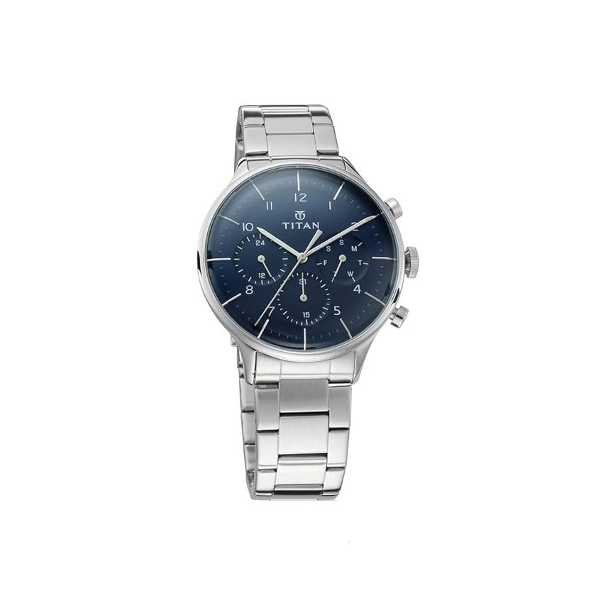 Titan Quartz Multifunction Blue Dial Stainless Steel Strap Watch for Men-NS90102SM01/NT90102SM01