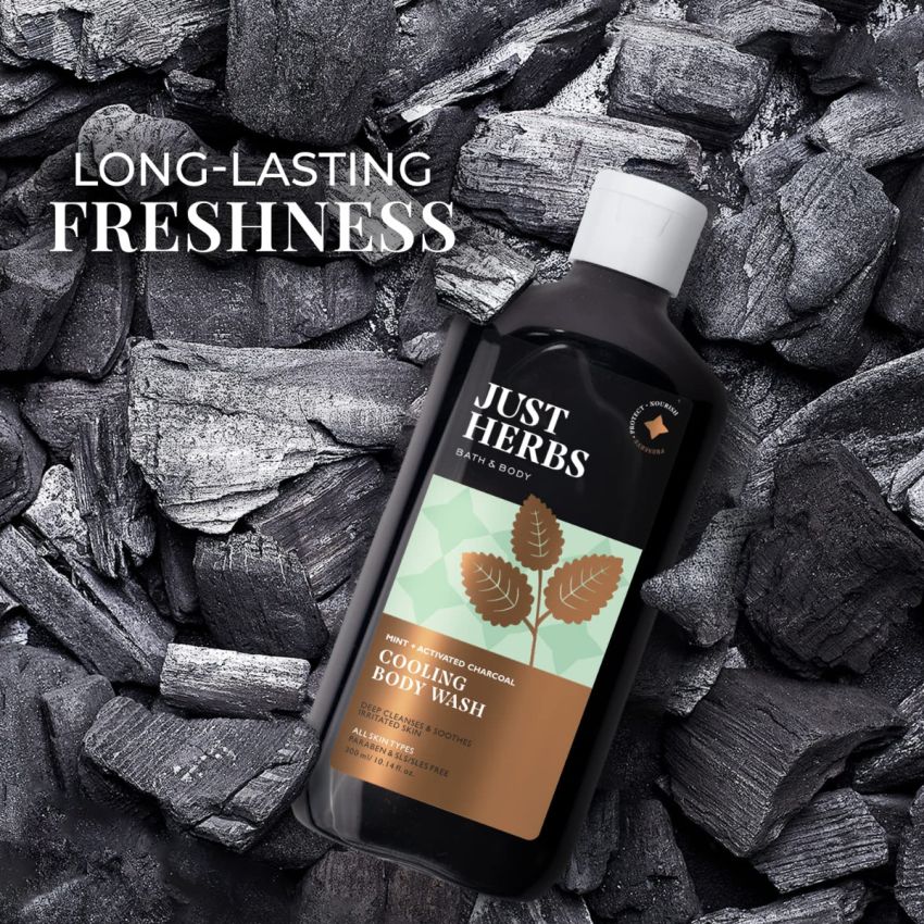 Just Herbs Deep Cleansing Cooling Body Wash with Mint and Activated Charcoal for Men and Women 300 ml