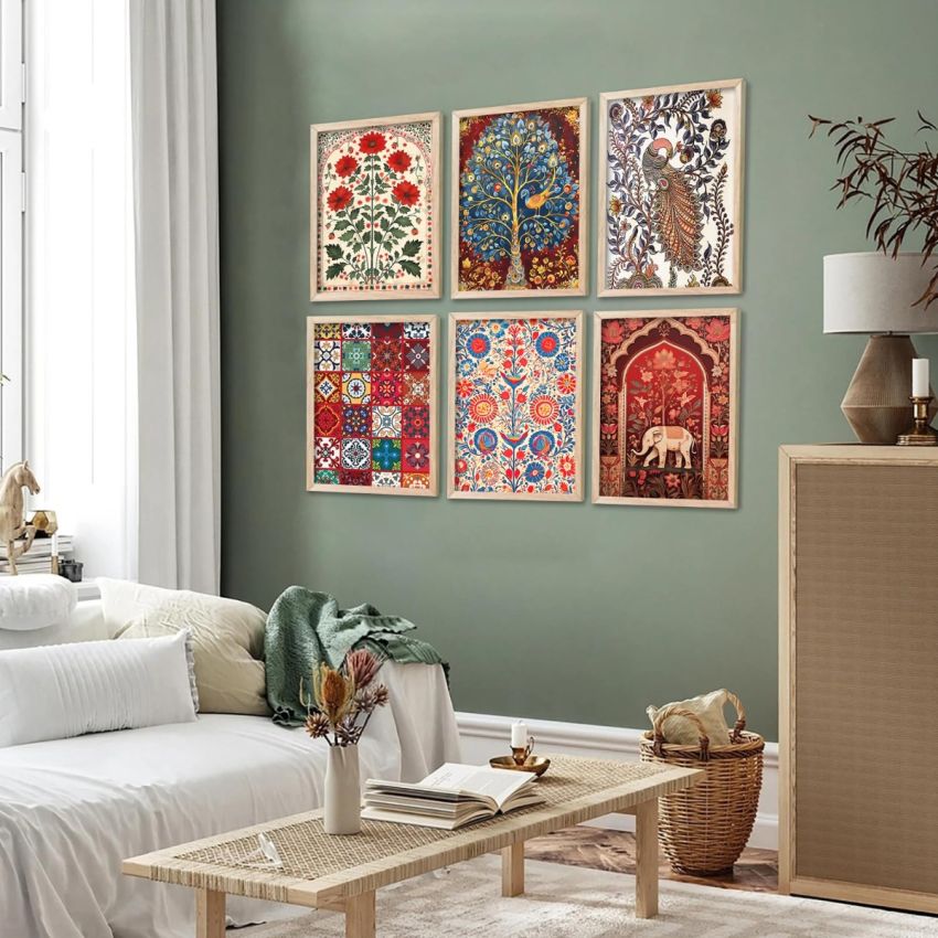 kotart Premium Digital Madhubani Paintings with Frame for Home Decoration - Traditional Painting for Living Room Bedroom Office Room Decor - Painting for Wall Decoration - Pack of 6 (Combo02)