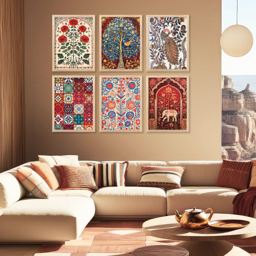 kotart Premium Digital Madhubani Paintings with Frame for Home Decoration - Traditional Painting for Living Room Bedroom Office Room Decor - Painting for Wall Decoration - Pack of 6 (Combo02)