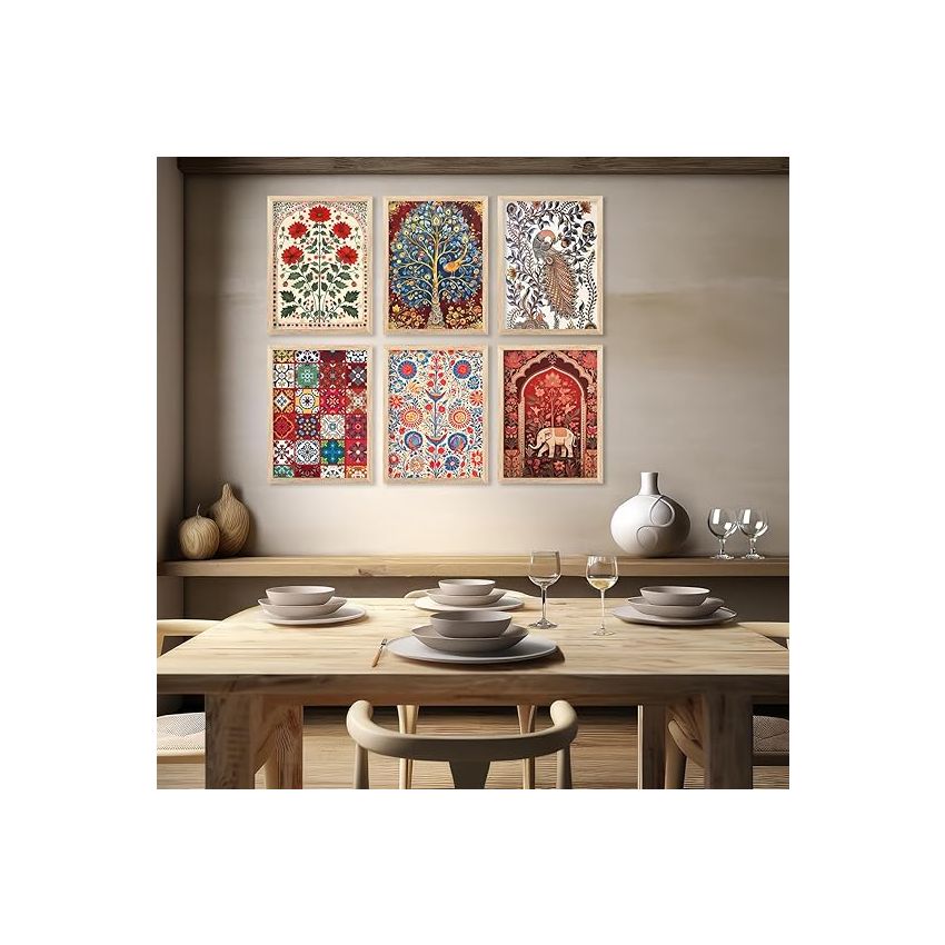 kotart Premium Digital Madhubani Paintings with Frame for Home Decoration - Traditional Painting for Living Room Bedroom Office Room Decor - Painting for Wall Decoration - Pack of 6 (Combo02)