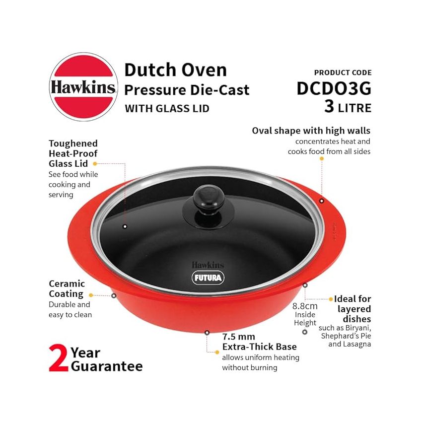 Hawkins 3 Litre Dutch Oven, Nonstick Biryani Pot, Red Ceramic Coated Casserole, Cooking Pot, Saute Pan, Red (DCDO3G)