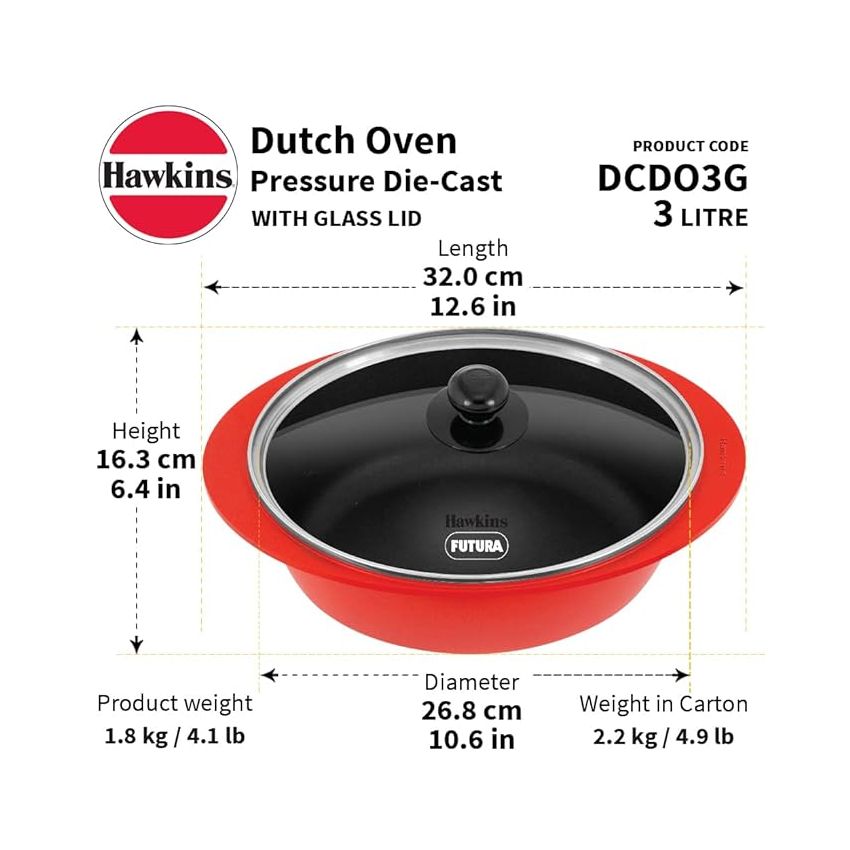 Hawkins 3 Litre Dutch Oven, Nonstick Biryani Pot, Red Ceramic Coated Casserole, Cooking Pot, Saute Pan, Red (DCDO3G)