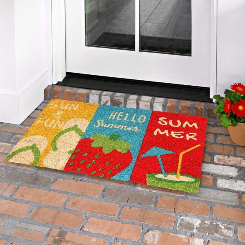 Onlymat Natural Coco Coir Multicolour Summer Theme Anti-Slip Doormat Long-Lasting, Heavy Duty, Large & Thick Entryway Rug with PVC Backing (75 X 1.5 X 45 cm)