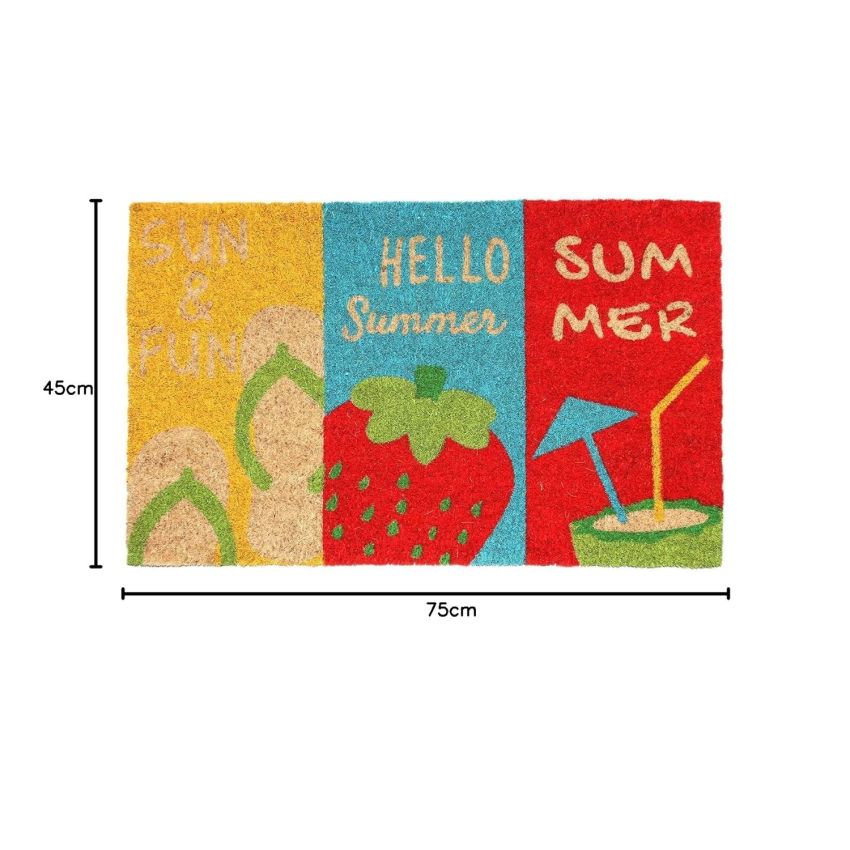 Onlymat Natural Coco Coir Multicolour Summer Theme Anti-Slip Doormat Long-Lasting, Heavy Duty, Large & Thick Entryway Rug with PVC Backing (75 X 1.5 X 45 cm)