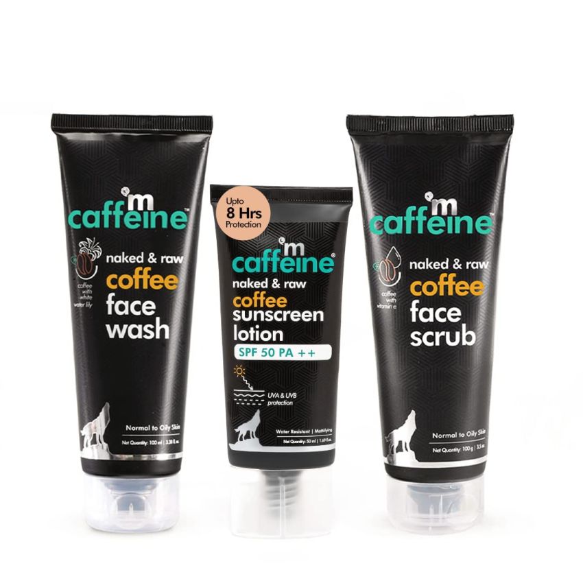 mCaffeine Coffee Pollution & Sun Protection Kit with Face Wash, Face Scrub & SPF 50 PA++ Sunscreen Lotion | Deeply Cleanses, Removes Tan, Protects & Repairs UV Damage | For All Skin Type