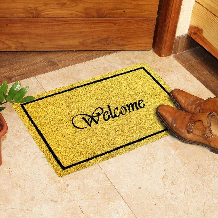 Onlymat Natural Coir Welcome Printed Anti-Slip Rectangular Entryway Doormat, PVC Backing for Outdoor Entrance, Home, Floor, Door, Hall, Drawing Room, Living Room (Yellow, 75cm x 45cm)