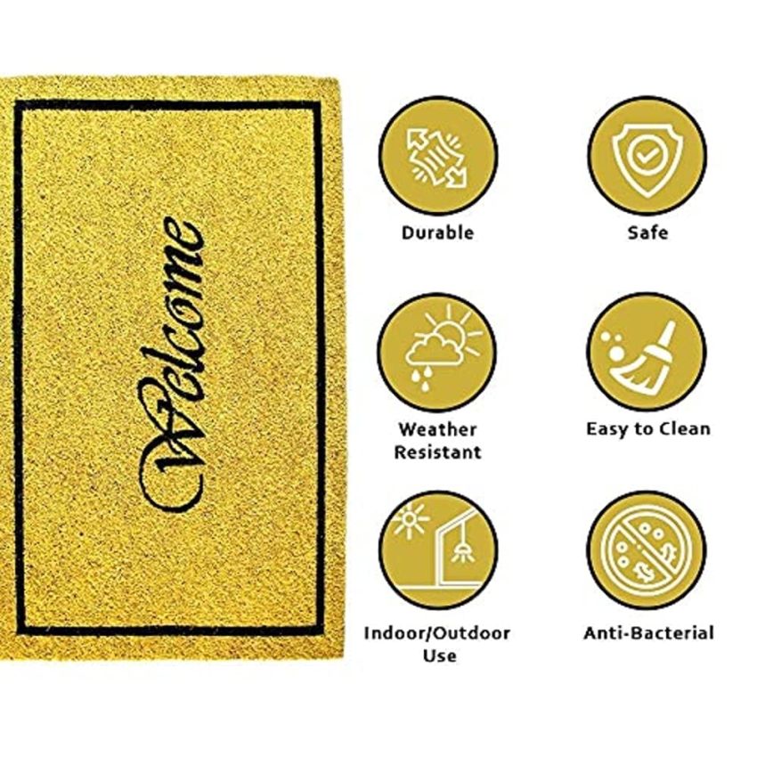Onlymat Natural Coir Welcome Printed Anti-Slip Rectangular Entryway Doormat, PVC Backing for Outdoor Entrance, Home, Floor, Door, Hall, Drawing Room, Living Room (Yellow, 75cm x 45cm)