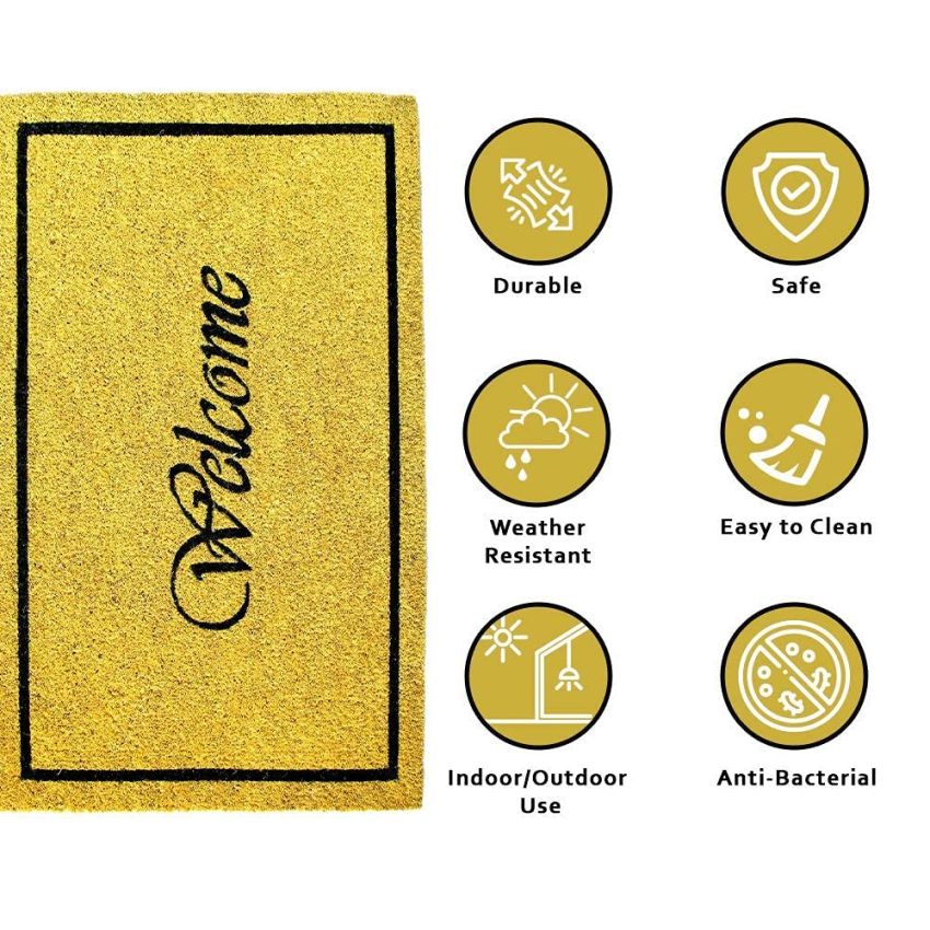 Onlymat Natural Coir Welcome Printed Anti-Slip Rectangular Entryway Doormat, PVC Backing for Outdoor Entrance, Home, Floor, Door, Hall, Drawing Room, Living Room (Yellow, 75cm x 45cm)