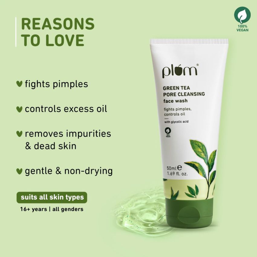 Plum Green Tea Pore Cleansing Face Wash for Oily, Acne Prone, Dry & Combination Skin | with Glycolic Acid | Fight Pimples & Control Excess Oil | Gentle Exfoliating & Non-Drying | Women & Men | 50ml