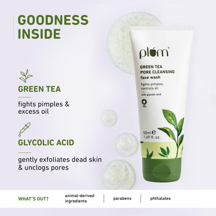 Plum Green Tea Pore Cleansing Face Wash for Oily, Acne Prone, Dry & Combination Skin | with Glycolic Acid | Fight Pimples & Control Excess Oil | Gentle Exfoliating & Non-Drying | Women & Men | 50ml