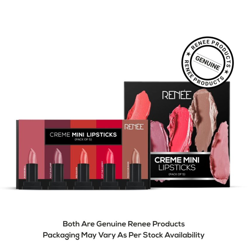 RENEE Crēme Mini Lipstick Combo Pack of 5-1.65gm Each, Long Lasting Creamy Finish - Enriched With Jojoba Oil, Keeps Lips Hydrated & Nourished, Travel Friendly