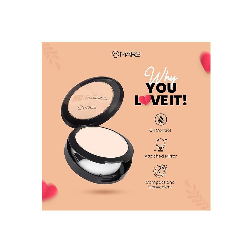 MARS HD Mattifying Compact Powder | Lightweight Formula with Oil Control | Long Lasting & Travel friendly (8g) (01-ICING)