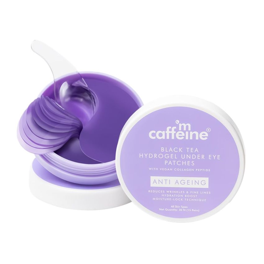 mCaffeine Black Tea Complex™ Hydrogel Under Eye Patches with Vegan Collagen Peptide | Anti Ageing | Boosts Collagen by 80% | Cooling Under Eye Patch Mask for Instant De-Puffing | 15 Pairs