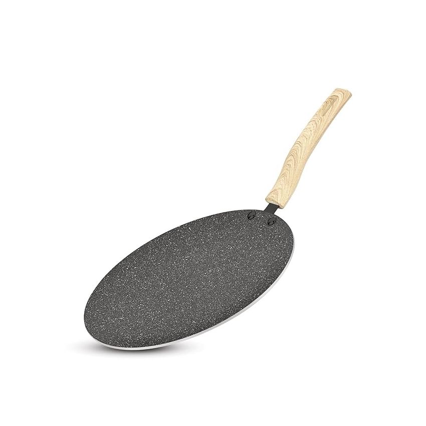 BERGNER Earth Black Non-Stick 26 cm Concave Tawa, Wooden Finish Soft Touch Handle, 3mm Thickness, Consumes Less Oil, Even Heat Distribution, White Marble Splatter, Induction Bottom and Gas Ready