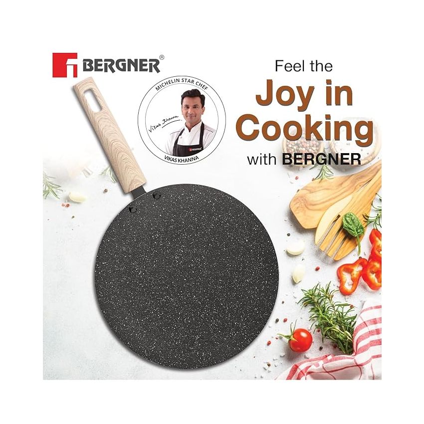 BERGNER Earth Black Non-Stick 26 cm Concave Tawa, Wooden Finish Soft Touch Handle, 3mm Thickness, Consumes Less Oil, Even Heat Distribution, White Marble Splatter, Induction Bottom and Gas Ready