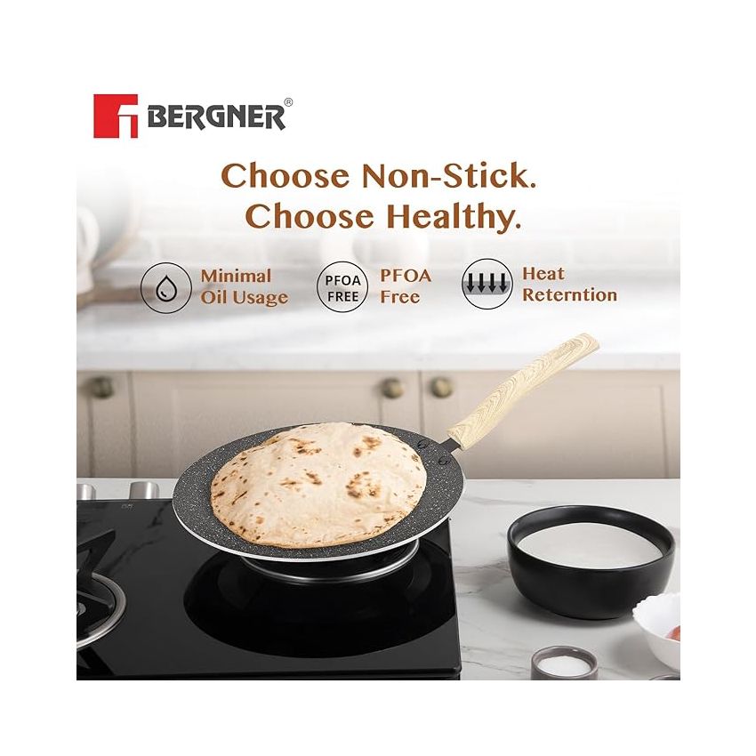 BERGNER Earth Black Non-Stick 26 cm Concave Tawa, Wooden Finish Soft Touch Handle, 3mm Thickness, Consumes Less Oil, Even Heat Distribution, White Marble Splatter, Induction Bottom and Gas Ready
