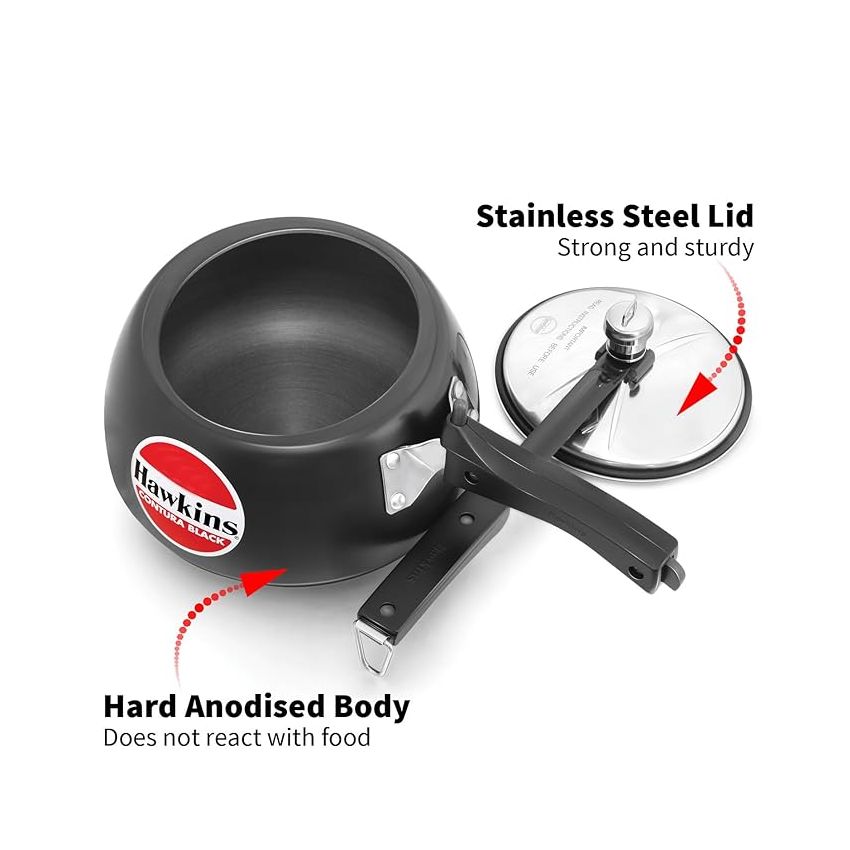 Hawkins Contura Black Stainless Steel Inner Lid Pressure Cooker, 2 Litre, Black (Cb20), 2 Liter