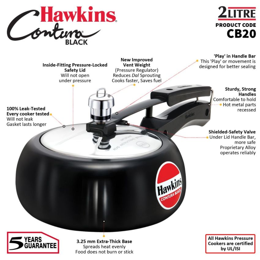 Hawkins Contura Black Stainless Steel Inner Lid Pressure Cooker, 2 Litre, Black (Cb20), 2 Liter