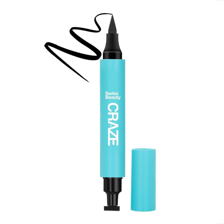 SWISS BEAUTY Craze 2-N 1 Gel Semi-Matte Eyeliner With Wing Stamp | Waterproof And Smudgeproof Eyeliner With Fine Tip For Precise Application | Black, 2.8Ml