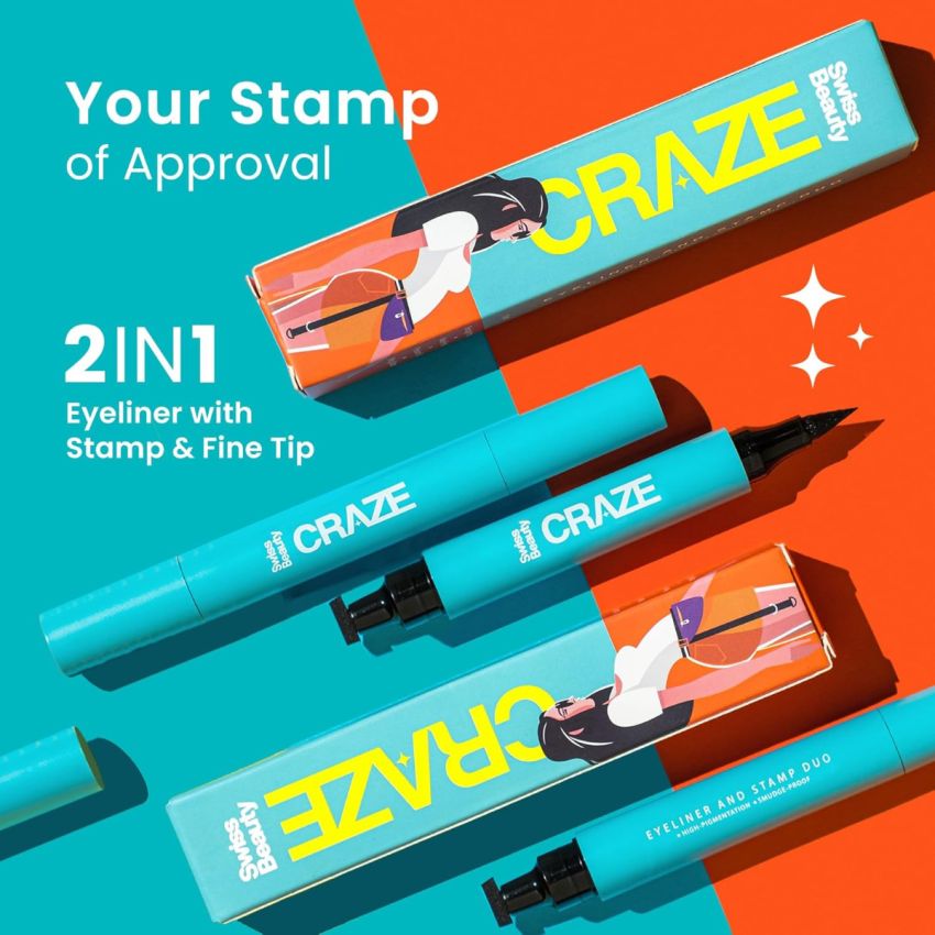 SWISS BEAUTY Craze 2-N 1 Gel Semi-Matte Eyeliner With Wing Stamp | Waterproof And Smudgeproof Eyeliner With Fine Tip For Precise Application | Black, 2.8Ml
