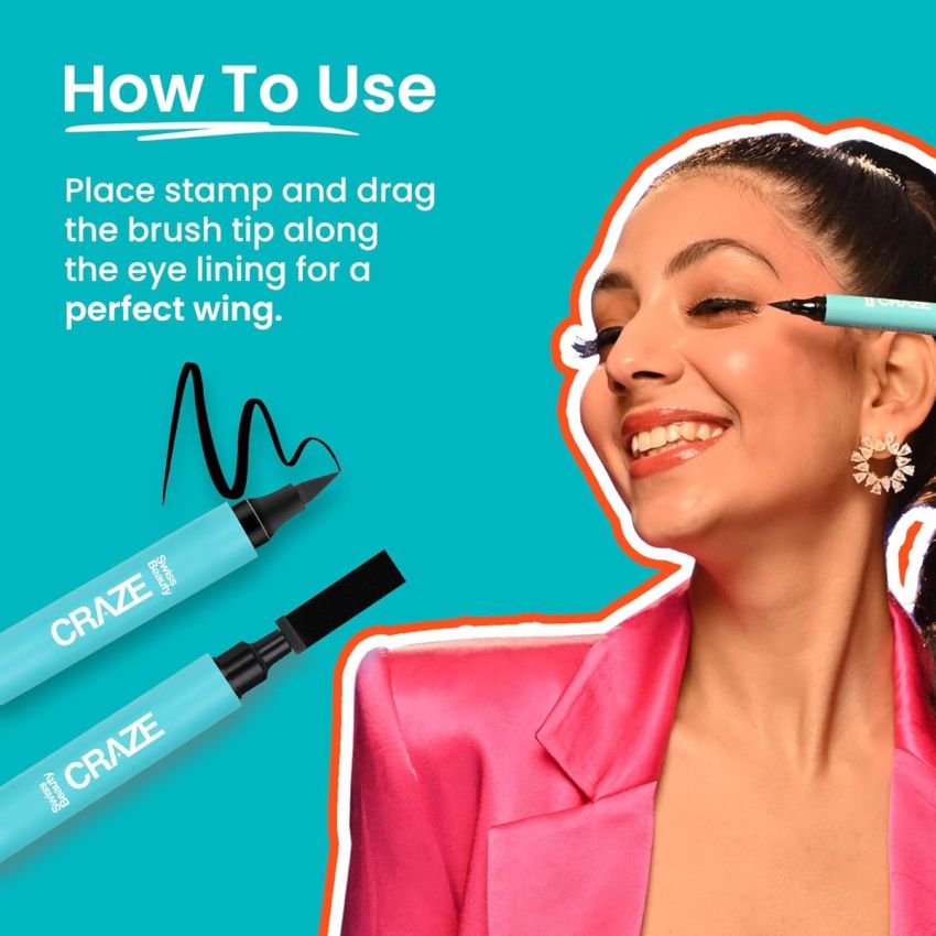SWISS BEAUTY Craze 2-N 1 Gel Semi-Matte Eyeliner With Wing Stamp | Waterproof And Smudgeproof Eyeliner With Fine Tip For Precise Application | Black, 2.8Ml