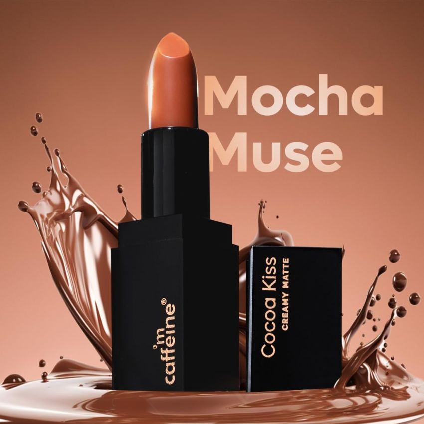 mCaffeine Cocoa Kiss Creamy Matte Lipstick - Mocha Muse | Moisturizing & Non Drying, Lightweight & Long Lasting Formula | With Cocoa Butter, Caffeine & Vitamin E | SLS & Paraben Free