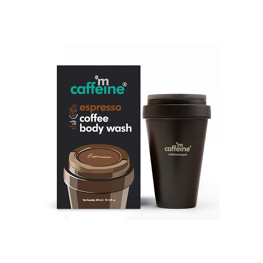 mCaffeine Exfoliating Espresso Coffee Body Wash with Natural AHA | Tan Removal Body Wash for Soft & Smooth Skin | Energizing Shower Gel for Men & Women | 300ml in Coffee Cup