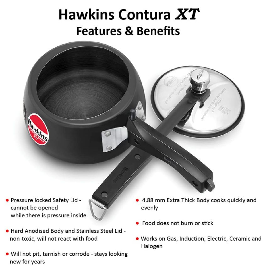 Hawkins 1.5 Litre Contura Black XT Pressure Cooker, Hard Anodised Inner Lid Cooker, Small Induction Cooker, Extra Thick Handi Cooker, Black (CXT15)