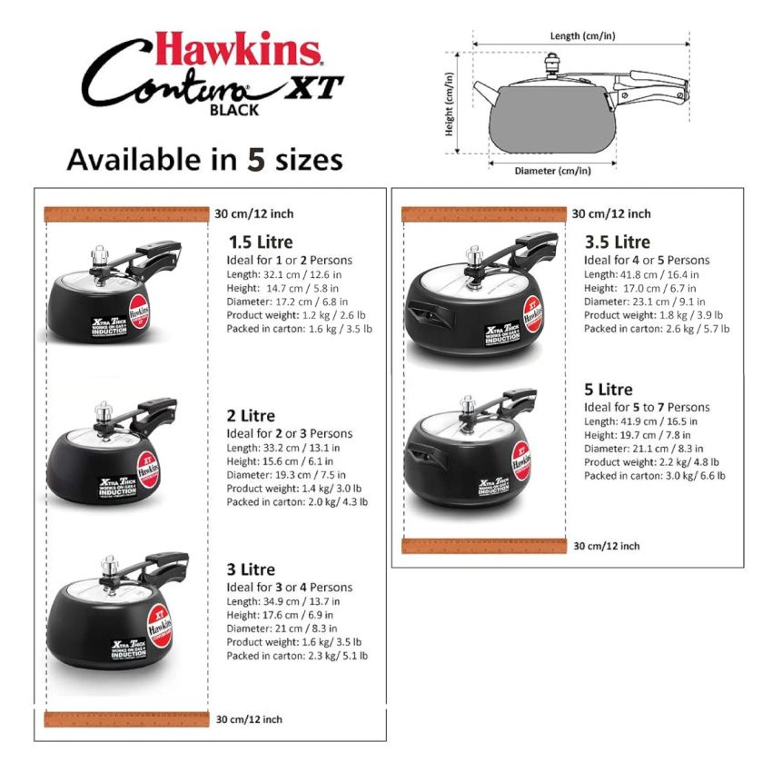 Hawkins 1.5 Litre Contura Black XT Pressure Cooker, Hard Anodised Inner Lid Cooker, Small Induction Cooker, Extra Thick Handi Cooker, Black (CXT15)