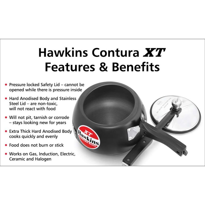Hawkins 2 Litre Contura Black XT Pressure Cooker, Hard Anodised Inner Lid Cooker, Small Induction Cooker, Handi Cooker, Black (CXT20)