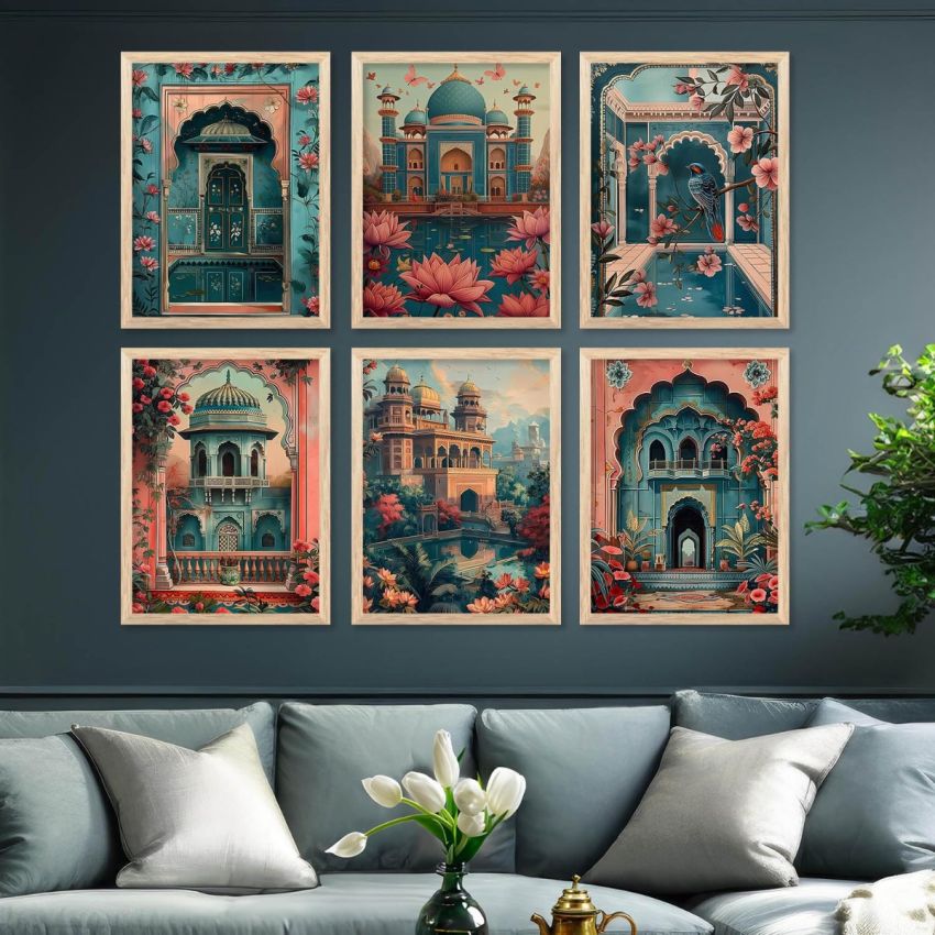 kotart - Painting for Home Decoration | Madhubani Indian Art Wall Décor Paintings | Traditional Indian Art Pichwai Wall Décor Paintings |Traditional Wall Poster With frames Set of 6 (10x13 inch, D)
