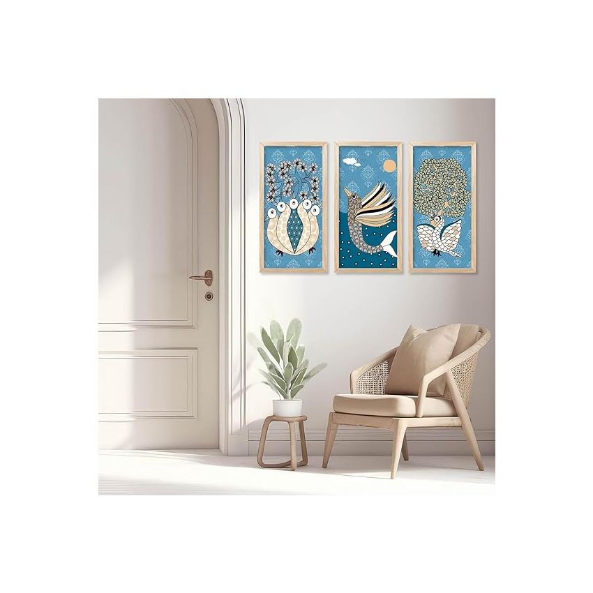 kotart - Madhubani Art Painting with Frame for Living Room | Painting for wall Decoration Hanging Frames |Traditional Indian Art Pichwai Wall Décor Paintings SET OF 3 (10X19 INCH, D)