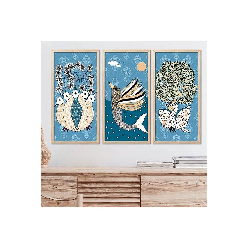 kotart - Madhubani Art Painting with Frame for Living Room | Painting for wall Decoration Hanging Frames |Traditional Indian Art Pichwai Wall Décor Paintings SET OF 3 (10X19 INCH, D)