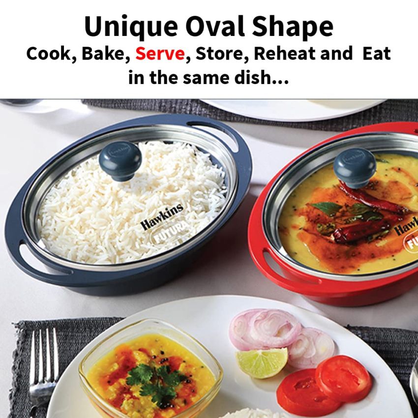 Hawkins 0.75 Litre Mini Casserole with Glass Lid, Oval Shaped Die-Cast pan for Cooking, Reheating, Serving and Storing, Yellow (DCY75G)