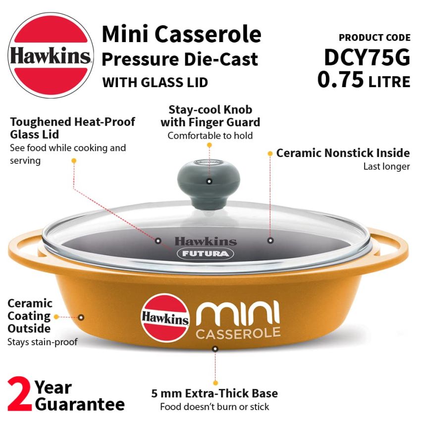 Hawkins 0.75 Litre Mini Casserole with Glass Lid, Oval Shaped Die-Cast pan for Cooking, Reheating, Serving and Storing, Yellow (DCY75G)