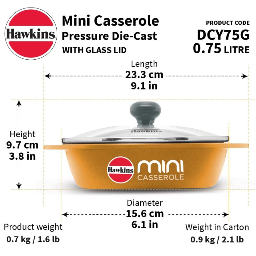 Hawkins 0.75 Litre Mini Casserole with Glass Lid, Oval Shaped Die-Cast pan for Cooking, Reheating, Serving and Storing, Yellow (DCY75G)