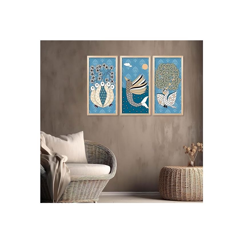 kotart - Madhubani Art Painting with Frame for Living Room | Painting for wall Decoration |Traditional Indian Art Pichwai Wall Décor Paintings SET OF 3 (10X19 INCH, D)