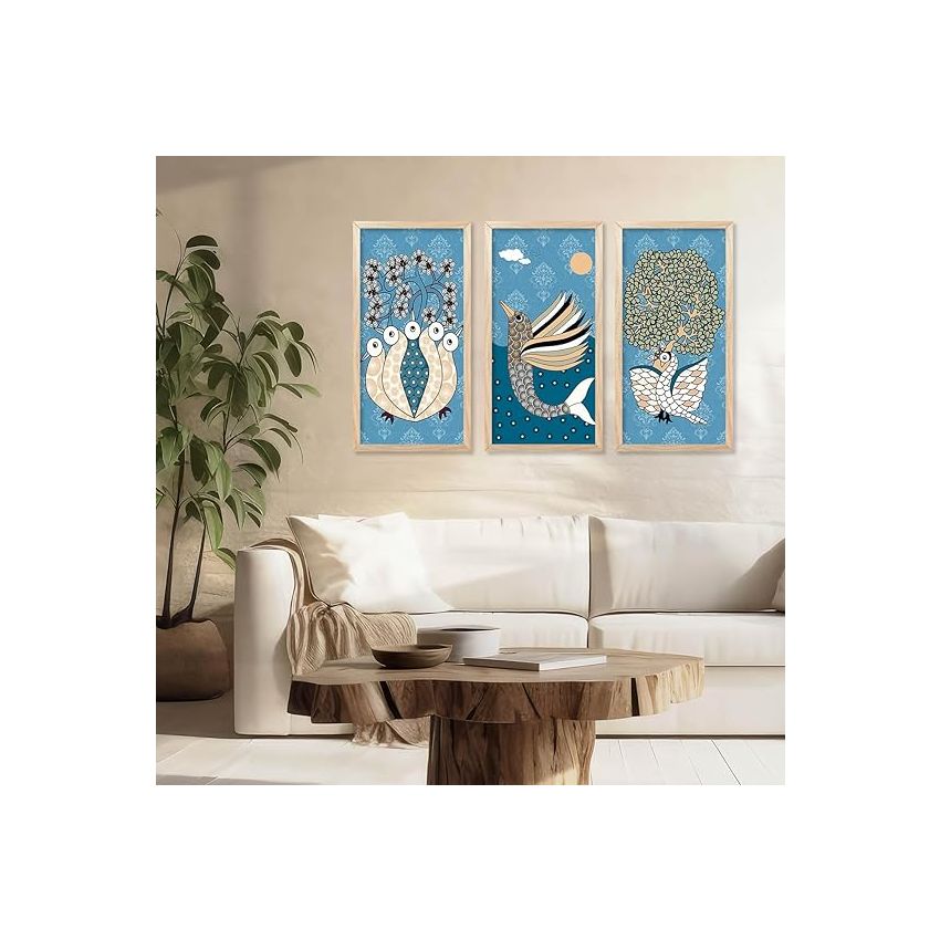 kotart - Madhubani Art Painting with Frame for Living Room | Painting for wall Decoration |Traditional Indian Art Pichwai Wall Décor Paintings SET OF 3 (10X19 INCH, D)