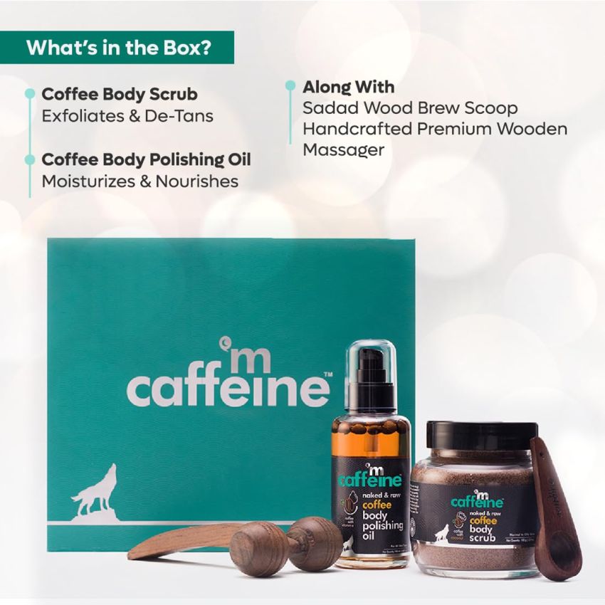 mCaffeine Coffee De-Stress Gift Set With Coffee Body Scrub, Body Oil & Handcrafted Massager for Stress Relief | Unisex Gift Kit for Relaxation