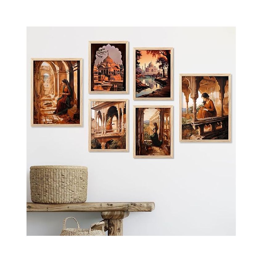 kotart Traditional Pattern Paintings with Frame for Home Decoration - Elephant Painting for Living Room Bedroom Office - Yellow Theme Painting for Wall Decoration - Pack of 6